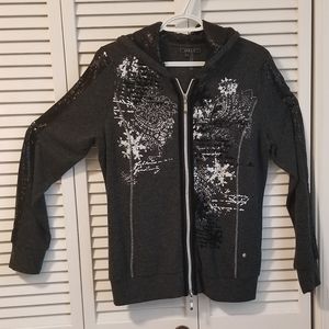 Zippered embellished black hoodie, small.